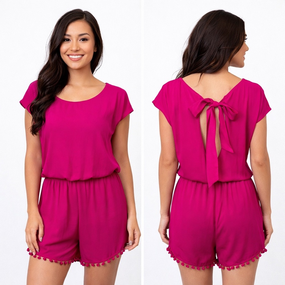 Mimi Chica Hot Pink Short Sleeve Open Back Romper with Pompom Detail size Small